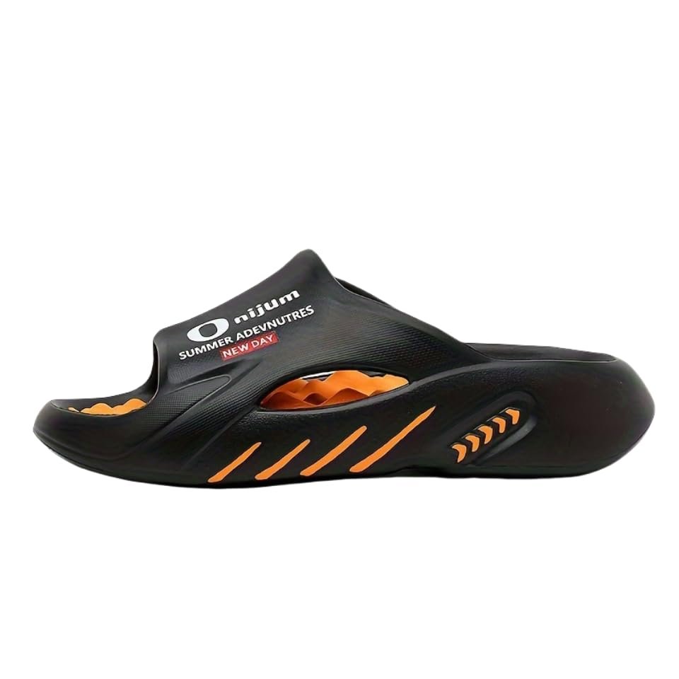 Men's Block Open Toe Breathable Chunky Slippers, Comfy Non Slip Anti Odor EVA Slides, Dorm Room Essentials,House Slippers (Black Orange,10.5,11)