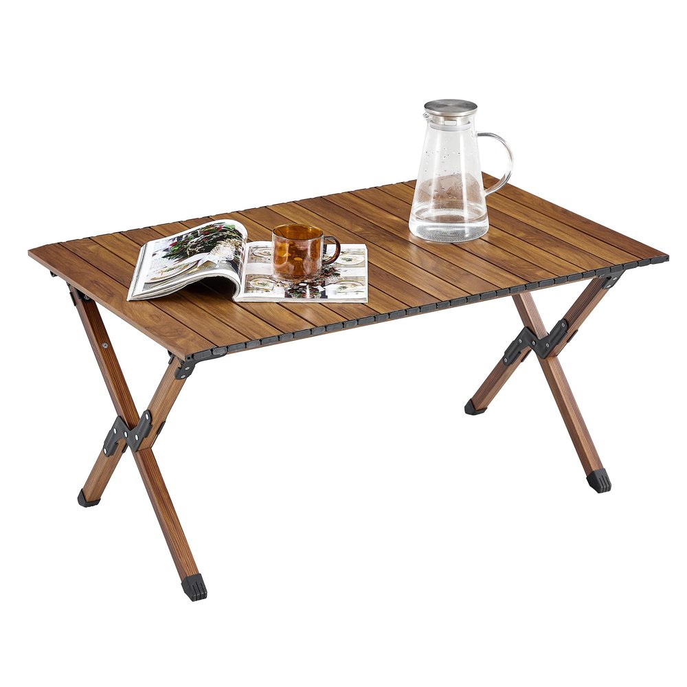 3FT Folding Camping Table, Small Lightweight Picnic Table with Roll Up Table Top, Aluminum Foldable Outdoor Table with Carry Bag, Rectangle Portable Table for Beach, Party, Patio, Outside (Brown)