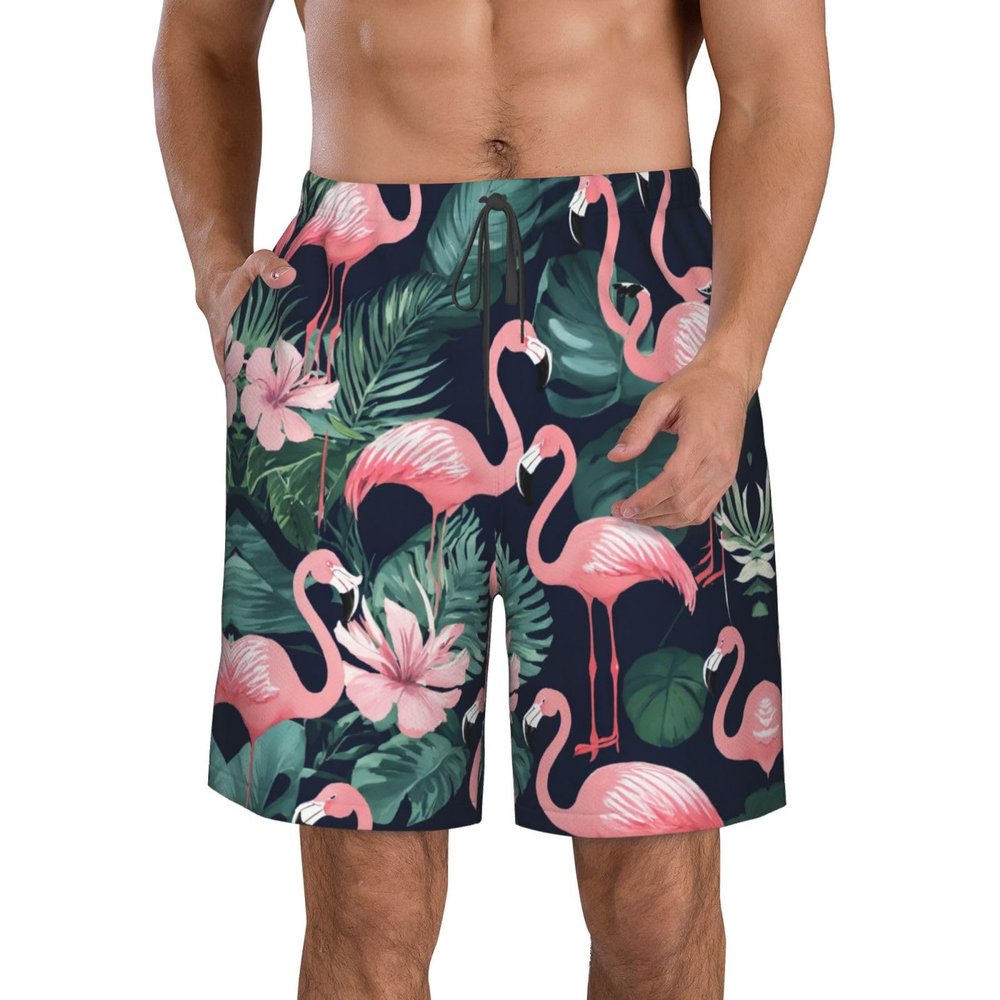 HGFVY Pink Flamingo Print Men's Swim Trunks | Quick Dry Drawstring Beach Shorts