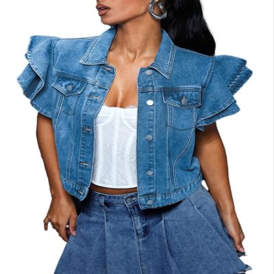 LifeShe Cropped Denim Jacket for Women Summer Ruffle Sleeve Button Down Crop Jean Jacket Casual