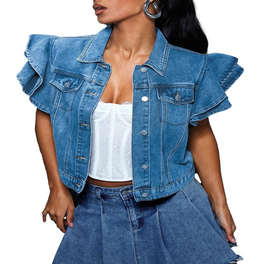 LifeShe Cropped Denim Jacket for Women Summer Ruffle Sleeve Button Down Crop Jean Jacket Casual