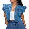 LifeShe Cropped Denim Jacket for Women Summer Ruffle Sleeve Button Down Crop Jean Jacket Casual view 1