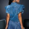 LifeShe Cropped Denim Jacket for Women Summer Ruffle Sleeve Button Down Crop Jean Jacket Casual view 2