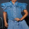 LifeShe Cropped Denim Jacket for Women Summer Ruffle Sleeve Button Down Crop Jean Jacket Casual view 3