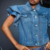 LifeShe Cropped Denim Jacket for Women Summer Ruffle Sleeve Button Down Crop Jean Jacket Casual view 4