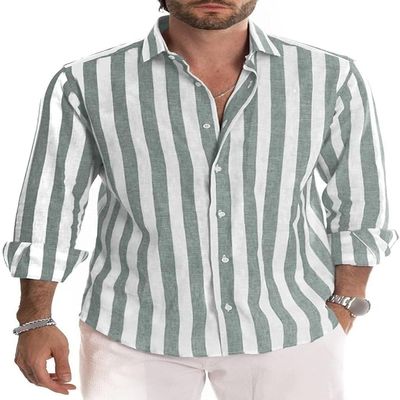 Men's Summer Casual Stylish Shirt Long Sleeve Button Down Shirts Fashion Business Striped Dress Shirts (Green,X-Large)
