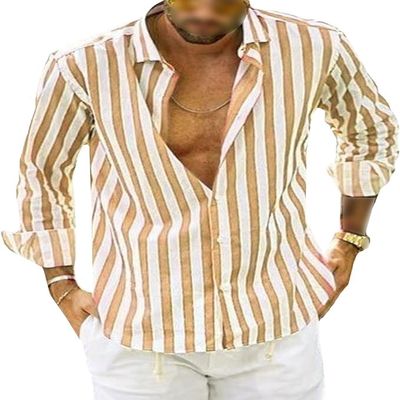 Men's Summer Casual Stylish Shirt Long Sleeve Button Down Shirts Fashion Business Striped Dress Shirts (Yellow,3X-Large)