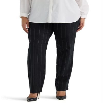Lee Women's Plus Size Wrinkle Free Relaxed Fit Straight Leg Pant Black Pinstripe 16 Plus