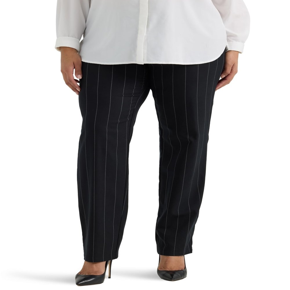 Lee Women's Plus Size Wrinkle Free Relaxed Fit Straight Leg Pant Black Pinstripe 16 Plus