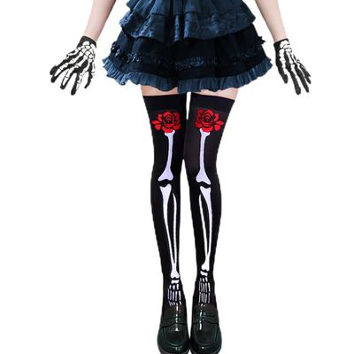 LanttAotte Day of The Dead Thigh High Stocking Halloween Over Knee Rose Skeleton Socks Full Finger Gloves Set (Medium)