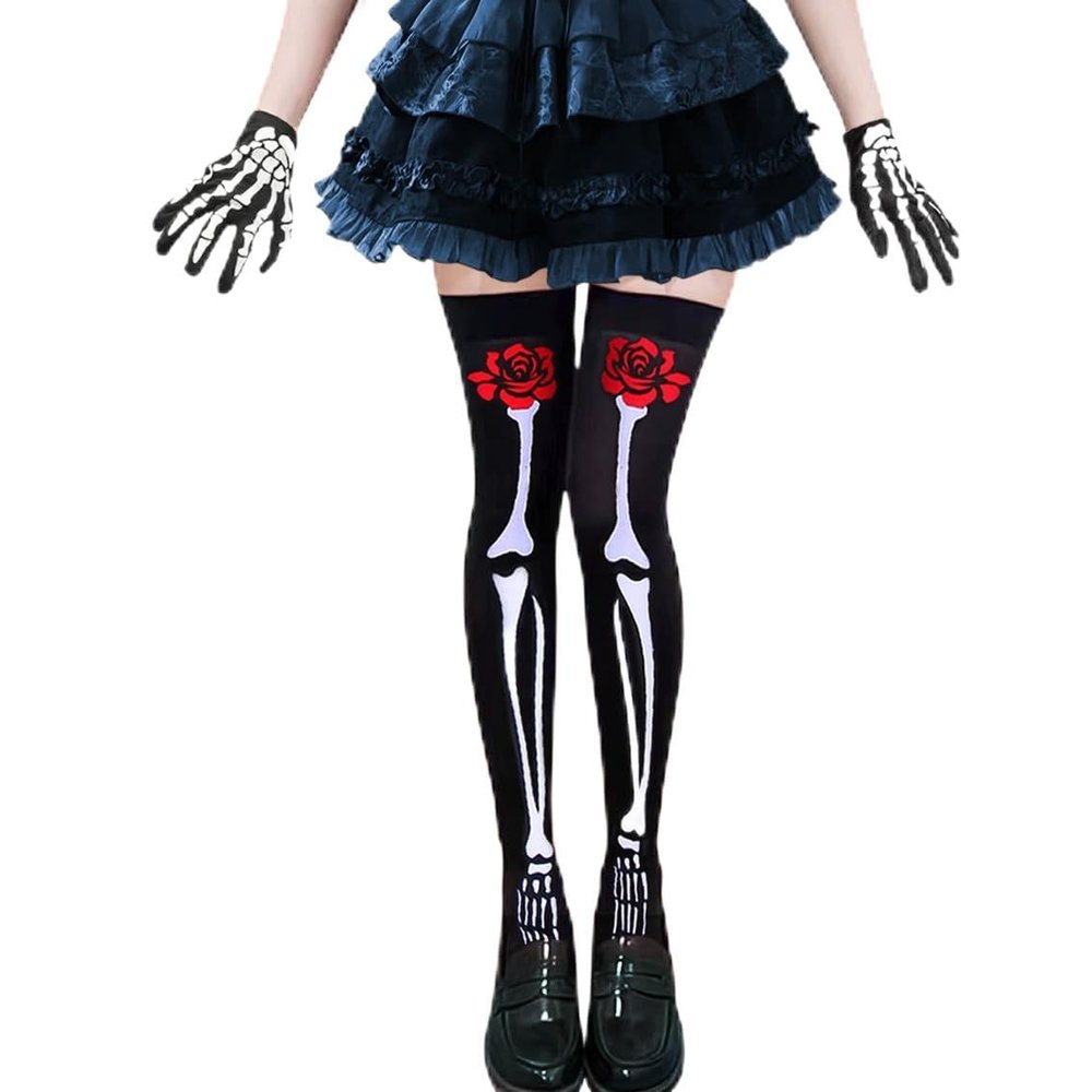 LanttAotte Day of The Dead Thigh High Stocking Halloween Over Knee Rose Skeleton Socks Full Finger Gloves Set (Medium)