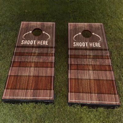 AdesiivoStudio Rustic Woodgrain Cornhole Board Wraps  Classic 'Shoot Here' Design for Backyard & Tailgating Fun | Durable & Easy to Apply