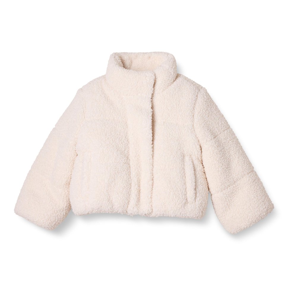 Amazon Essentials Girls' Cropped Full-Zip Puffer Jacket, Sherpa Fleece, Light Beige, Medium