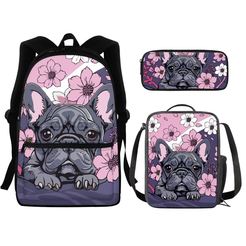HUGS IDEA French Bulldog Floral Print 3 Pieces Backpack+Insulated Lunch Box+Pencil Bag School Bags Set Bookbags for Kids Back to School