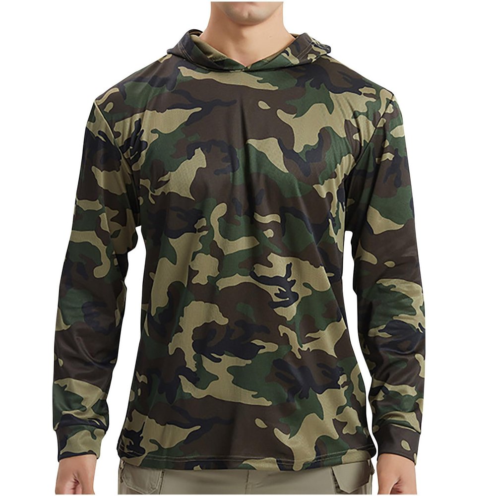 Finelylove Men's UV Sun Protection Shirt UPF 50+ Camo Hoodie Long Sleeve Quick Dry Hiking Fishing Shirts Rash Guard Sun Hoodies UV Protection Camouflage S