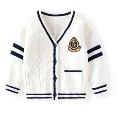 warmstraw Boys Girls Cardigan Sweater Cable Knit Sweater Coats Fall Winter Long Sleeve Collared Outwear Pattern White 7-8Y