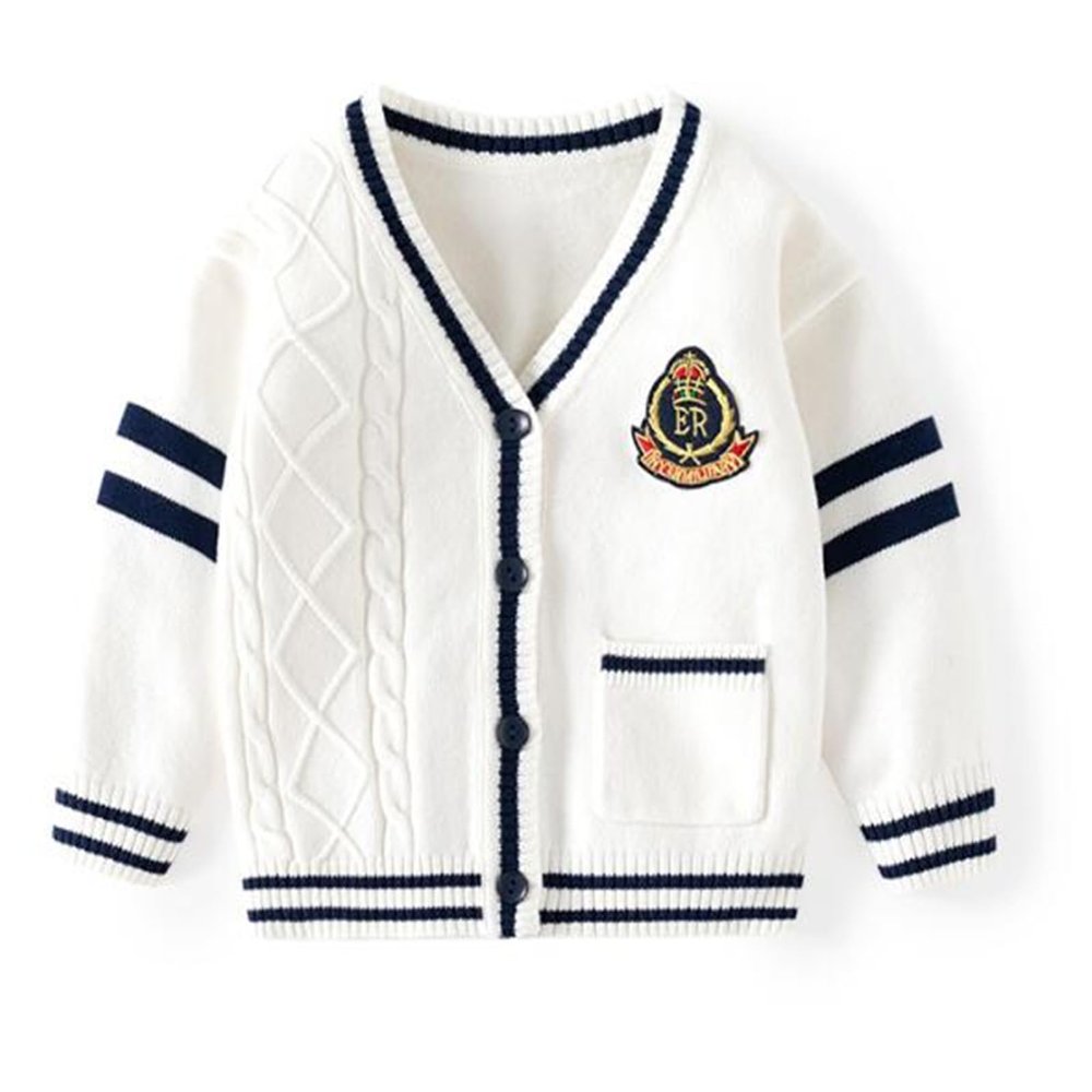 warmstraw Boys Girls Cardigan Sweater Cable Knit Sweater Coats Fall Winter Long Sleeve Collared Outwear Pattern White 7-8Y
