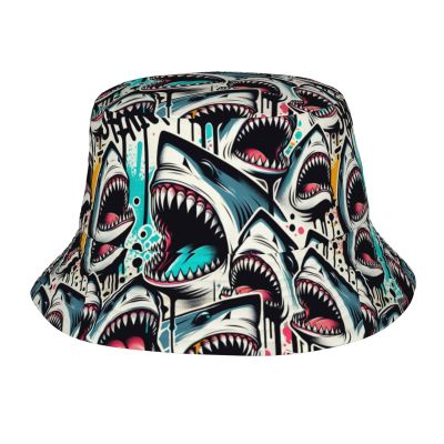 Adult Sun Protection Bucket Hat Shark-Open-Mouth-Doodle Men Outdoor Boonie Hat Women Sunshade Fisherman Hat Black
