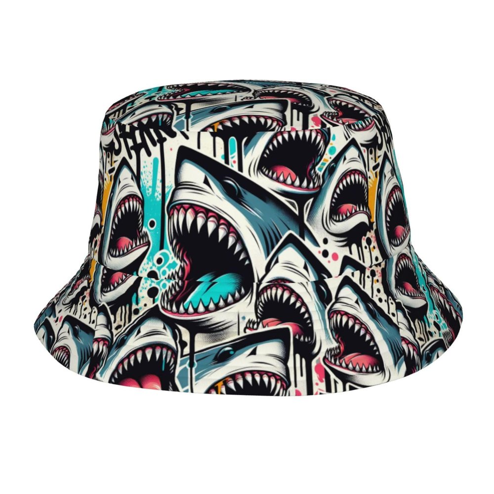 Adult Sun Protection Bucket Hat Shark-Open-Mouth-Doodle Men Outdoor Boonie Hat Women Sunshade Fisherman Hat Black