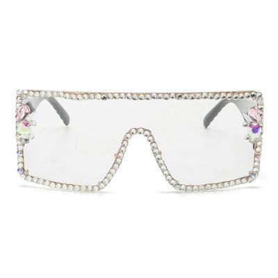 COTIA Oversized Diamond Rhinestone Sunglasses Womens One Piece Shield Goggle Fashion Punk Square Sun Glasses W37 (clear)