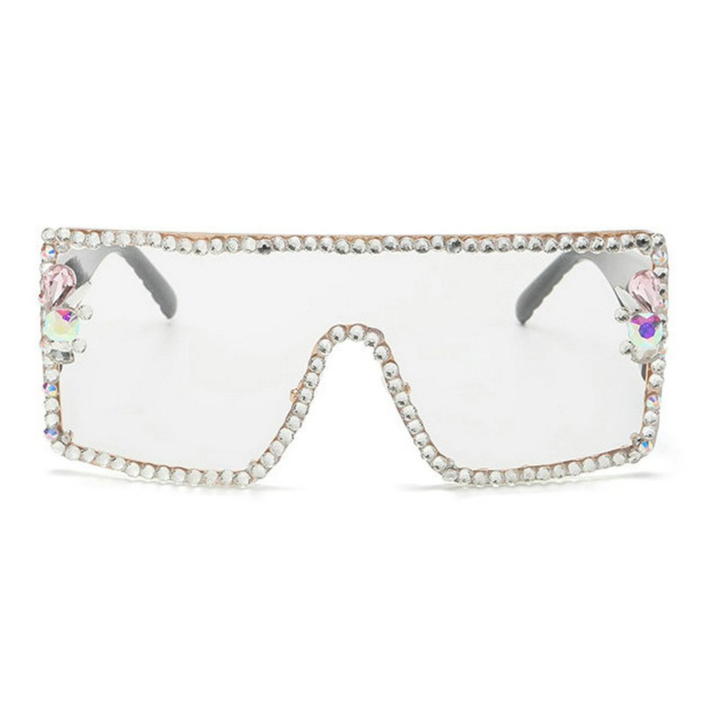 COTIA Oversized Diamond Rhinestone Sunglasses Womens One Piece Shield Goggle Fashion Punk Square Sun Glasses W37 (clear)