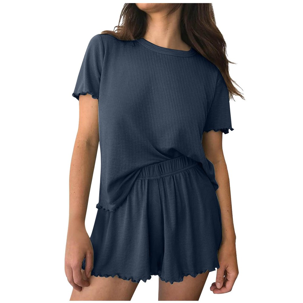 NineFit Basics Womens Ribbed Knit Lounge Set Short Sleeve Top and Shorts Sleepwear Ruffle Trim Pajama Set Soft Two Piece Outfits Set, Small, A01_navy
