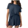 NineFit Basics Womens Ribbed Knit Lounge Set Short Sleeve Top and Shorts Sleepwear Ruffle Trim Pajama Set Soft Two Piece Outfits Set, Small, A01_navy view 1