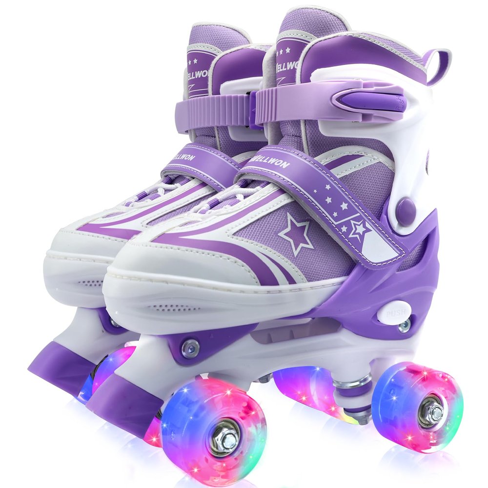 Kids Roller Skates for Boys Girls, 4 Size Adjustable Kids Rollerskates with Light Up Wheels, Quad Skates for Beginner Ages 5-8 8-12