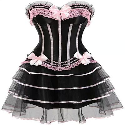 ADELCE Women's Burlesque Corset Body Shape Bustier Top Party Showgirl Corsets with Tutu Skirt Pink XS