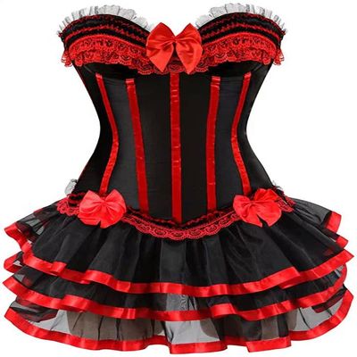ADELCE Women's Burlesque Stripe Butterfly Bow Corset Body Shape Bustier Corsets with Tutu Skirt Red 6XL