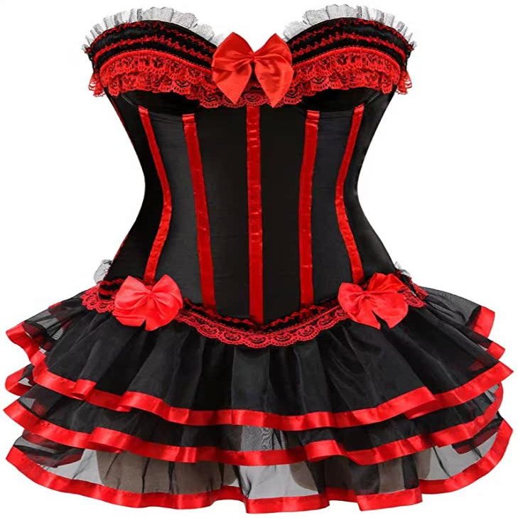 ADELCE Women's Burlesque Stripe Butterfly Bow Corset Body Shape Bustier Corsets with Tutu Skirt Red 6XL