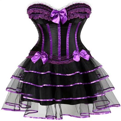 ADELCE Women's Burlesque Corset Body Shape Bustier Top Party Showgirl Corsets with Tutu Skirt Purple M