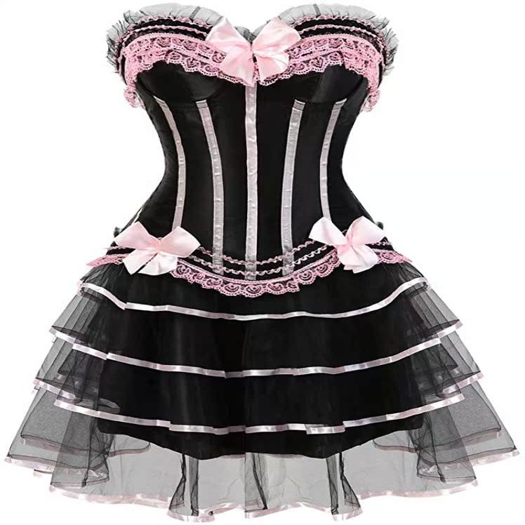 ADELCE Women's Burlesque Corset Body Shape Bustier Top Party Showgirl Corsets with Tutu Skirt Pink S