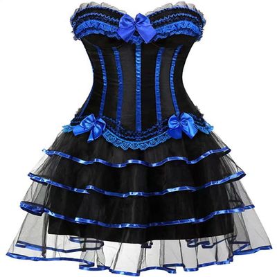 ADELCE Women's Burlesque Corset Body Shape Bustier Top Party Showgirl Corsets with Tutu Skirt Blue XL