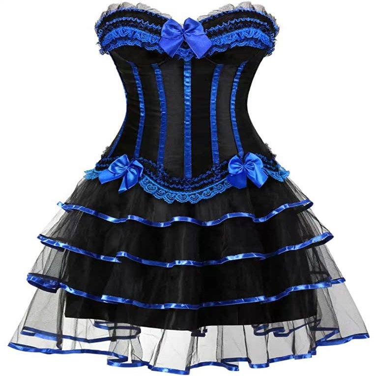 ADELCE Women's Burlesque Corset Body Shape Bustier Top Party Showgirl Corsets with Tutu Skirt Blue XL