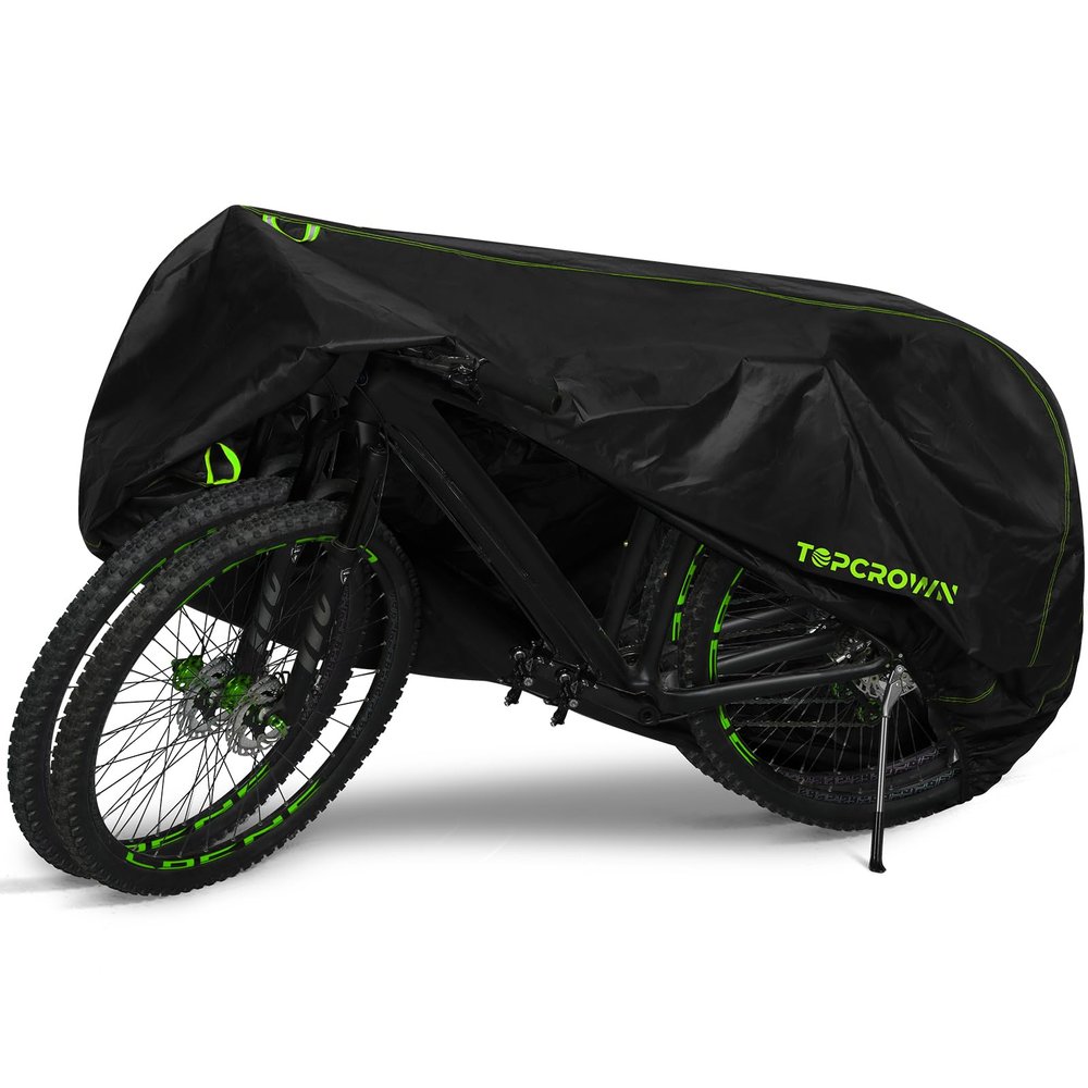 Topcrown Bike Cover Waterproof Outdoor Storage for 2 Bikes, Bicycle Cover Rain Sun UV Dust Wind Proof with Storage Bag for Mountain Road Bike/Ebike (210D Black+Green, XXL Size for 2 bikes)
