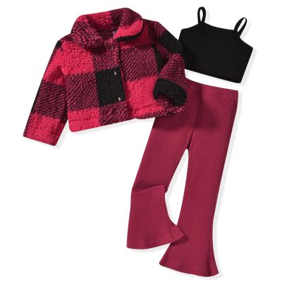 HINTINA 4T Toddler little Girl 3 Piece Christmas Outfits Bell Bottom Flared Pant Set Cami Top Buffalo Plaid Coat Long Sleeve Fall Winter Clothes Xmas Clothing 4-5 Years