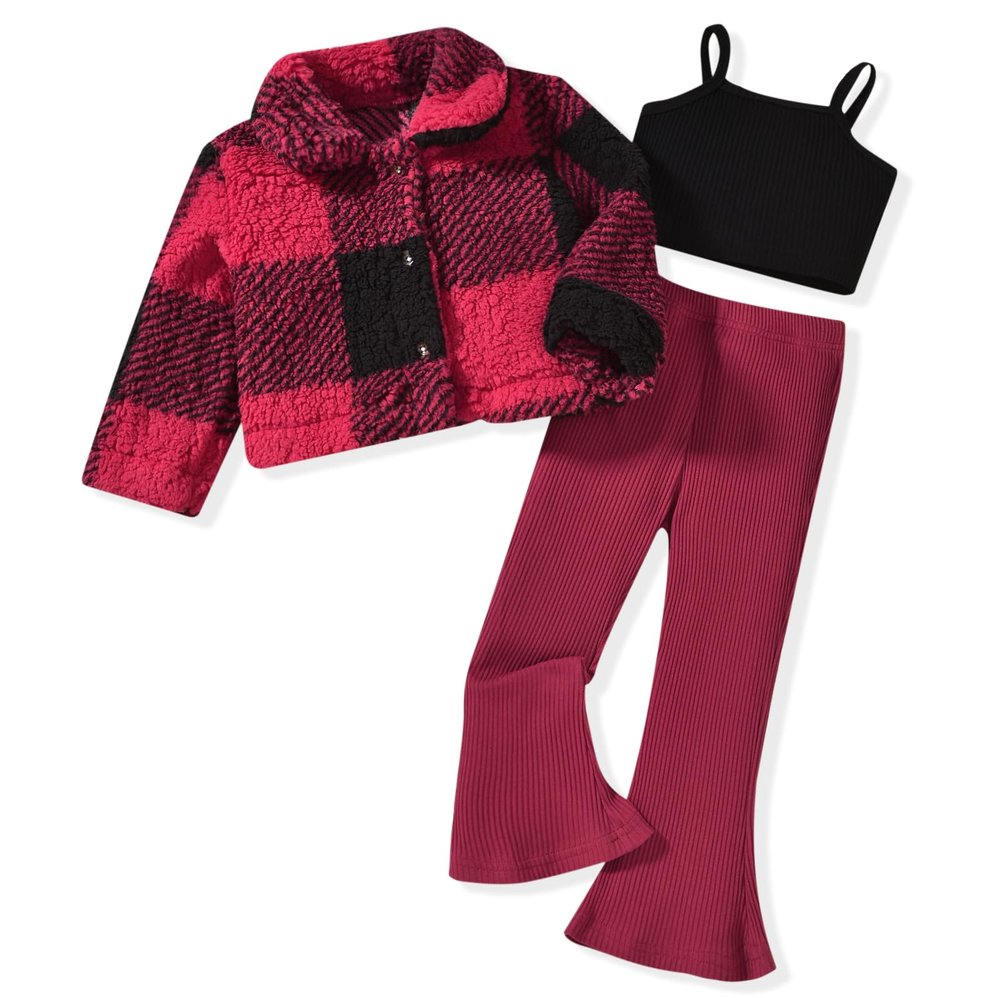 HINTINA 4T Toddler little Girl 3 Piece Christmas Outfits Bell Bottom Flared Pant Set Cami Top Buffalo Plaid Coat Long Sleeve Fall Winter Clothes Xmas Clothing 4-5 Years
