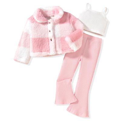 HINTINA 2T Toddler little Girl 3 Piece Outfits Bell Bottom Flared Pant Set Cami Top Pink Plaid Coat Long Sleeve Fall Winter Clothes Clothing 2-3 Years