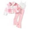 HINTINA 2T Toddler little Girl 3 Piece Outfits Bell Bottom Flared Pant Set Cami Top Pink Plaid Coat Long Sleeve Fall Winter Clothes Clothing 2-3 Years view 1