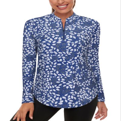Misyula Style Womens Workout Tops Long Sleeve, Quarter Zip Pullover Plus Size Golf Shirt Sun Protection Athletic Hiking Running Shirts,Blue White Leaf,XXL