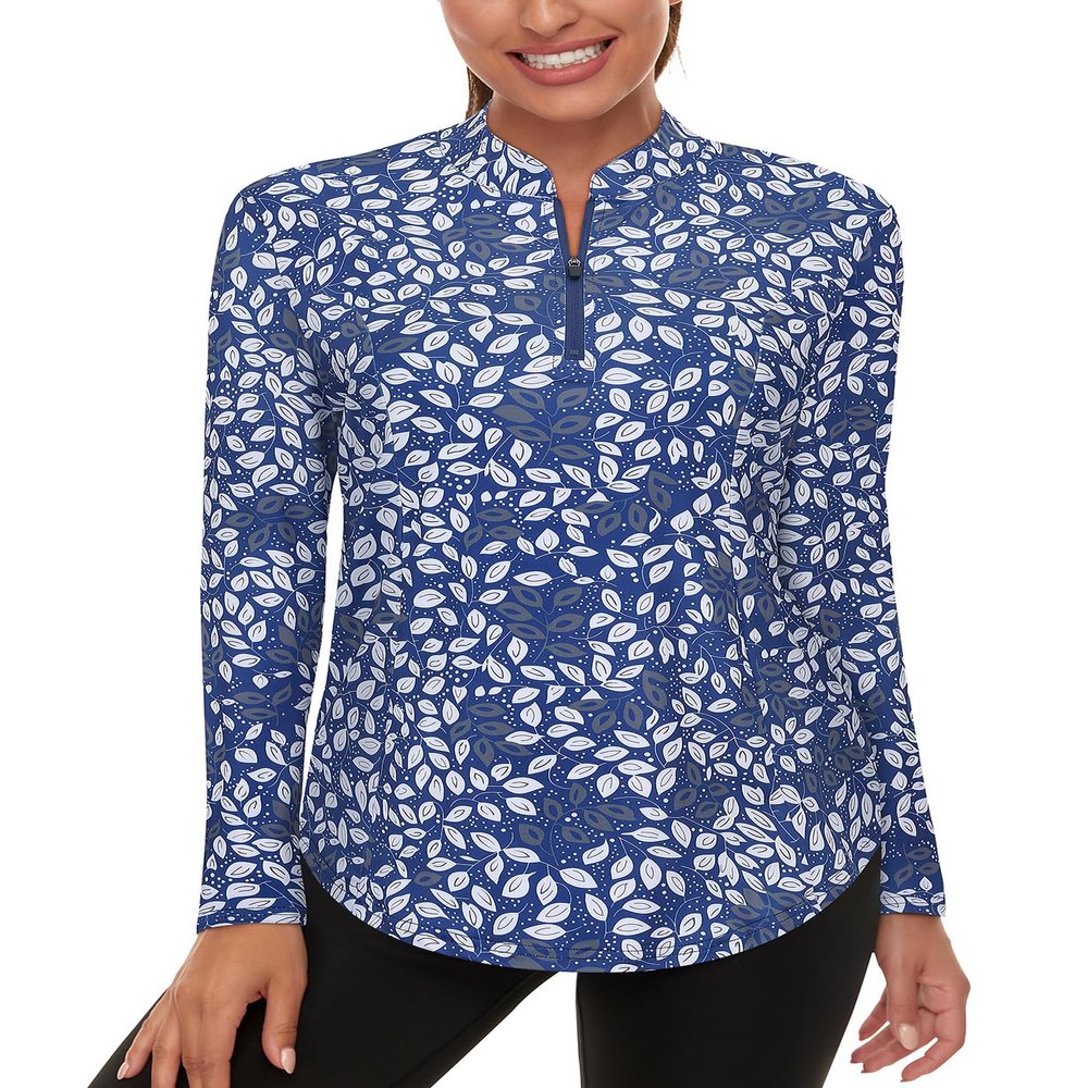 Misyula Style Womens Workout Tops Long Sleeve, Quarter Zip Pullover Plus Size Golf Shirt Sun Protection Athletic Hiking Running Shirts,Blue White Leaf,XXL