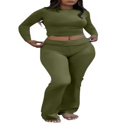 AYWA Women's 2 Piece Outfits Foldover Flare Pants Long Sleeve Crew Neck T-shirt Fitted Pajama Sets (Army Green, Medium)