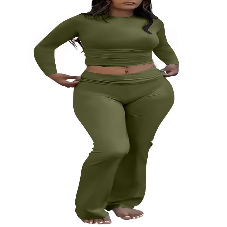 AYWA Women's 2 Piece Outfits Foldover Flare Pants Long Sleeve Crew Neck T-shirt Fitted Pajama Sets (Army Green, Medium)