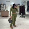 AYWA Women's 2 Piece Outfits Foldover Flare Pants Long Sleeve Crew Neck T-shirt Fitted Pajama Sets (Army Green, Medium) view 2