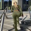 AYWA Women's 2 Piece Outfits Foldover Flare Pants Long Sleeve Crew Neck T-shirt Fitted Pajama Sets (Army Green, Medium) view 3