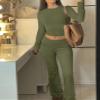 AYWA Women's 2 Piece Outfits Foldover Flare Pants Long Sleeve Crew Neck T-shirt Fitted Pajama Sets (Army Green, Medium) view 4