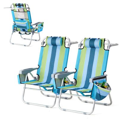 VINGLI Backpack Beach Chair 2 Pack, with 5-Position, Cup Holders, Cooler Bag, Towel Bar, Lightweight Folding Beach Camping Chairs for AdultsBlue/Green-13