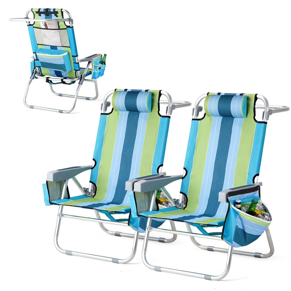 VINGLI Backpack Beach Chair 2 Pack, with 5-Position, Cup Holders, Cooler Bag, Towel Bar, Lightweight Folding Beach Camping Chairs for AdultsBlue/Green-13