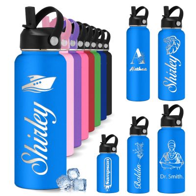 YoLLiEE Custom Personalized Water Bottles for Kids with Straw 12 18 24 32 40 oz Customized Engraved Insulated Stainless Steel Water Bottles with Name, Blue Icon Style